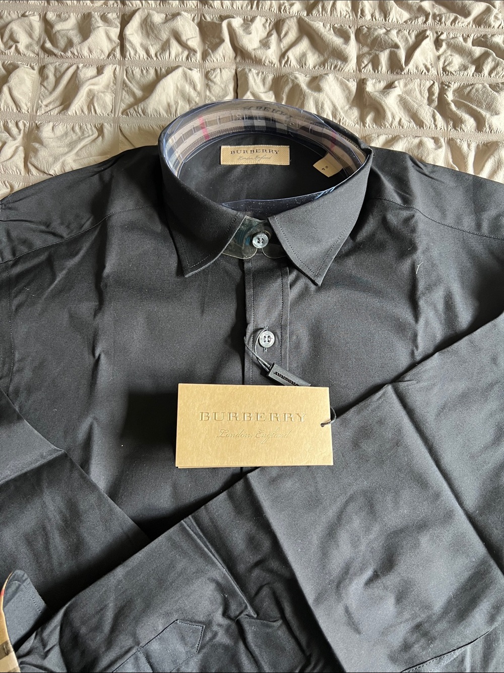 Burberry Black Long Sleeve Dress Shirt with Check Cuff Accent - Picture 2 of 3